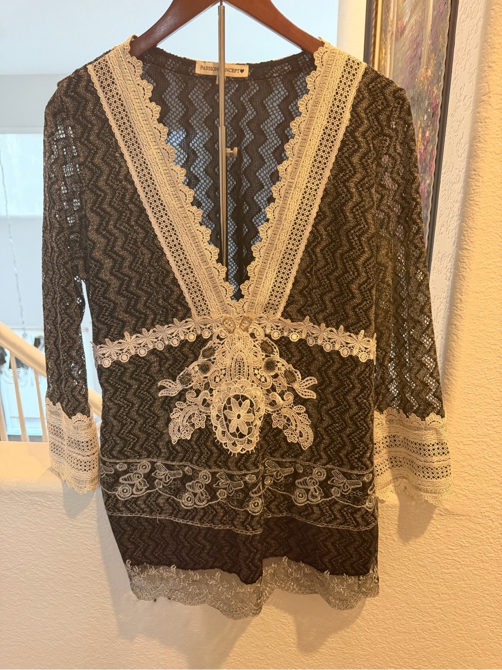 Passion Concept Whimsigoth Lace Tunic Blouse Black White Fairycore Size L EUC - Picture 4 of 9